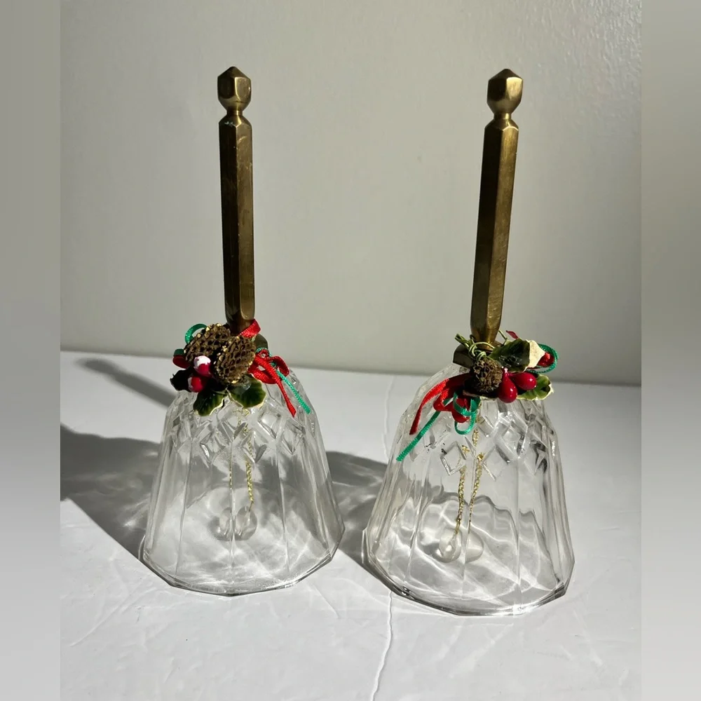 Vintage GLASS BELL W/ BRASS HANDLE Diamond Pattern Hand Bell~ Wedding Dinner 7”.